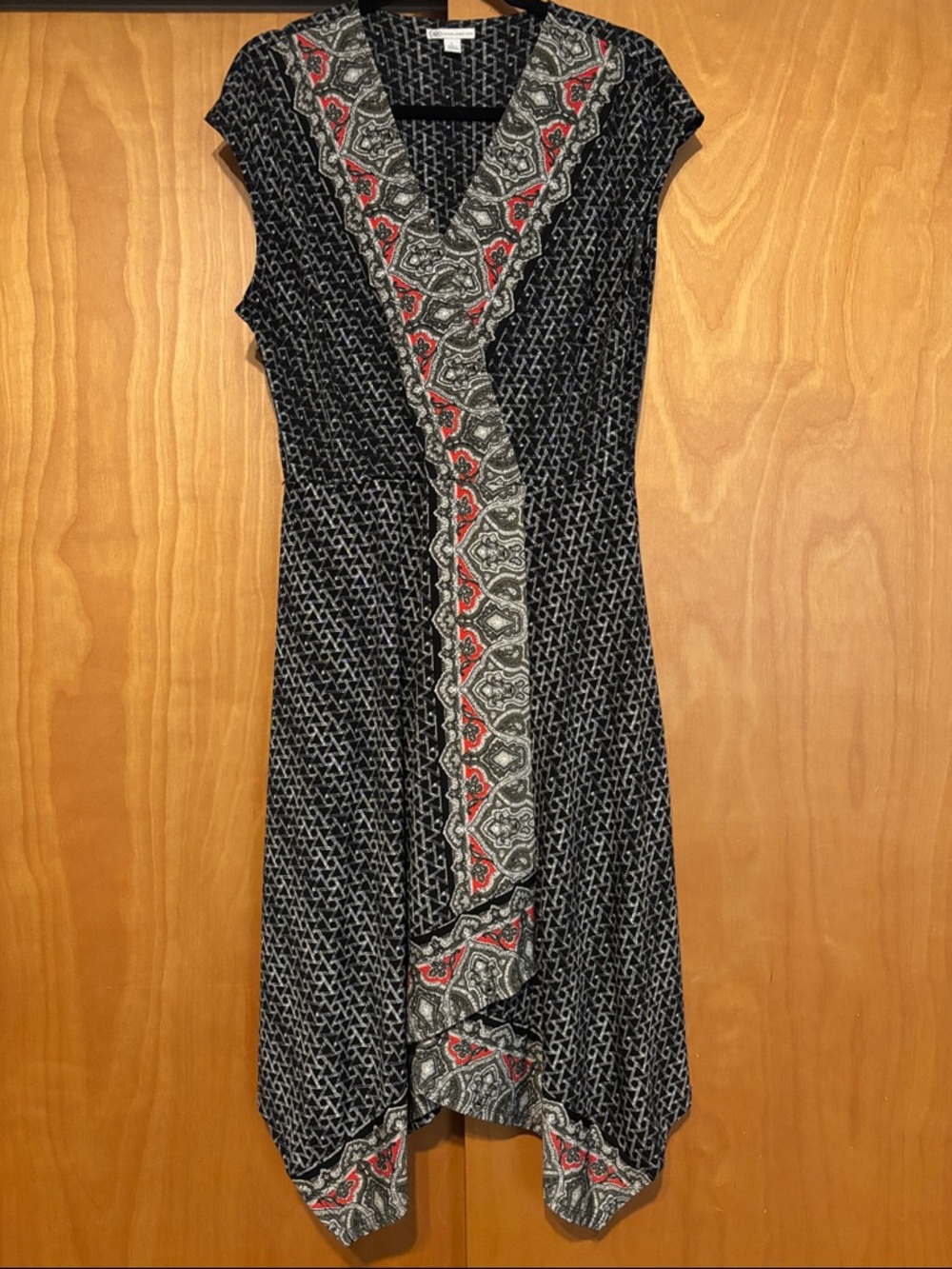 Cato Black Printed Asymmetrical Dress with Red and Cream Trim